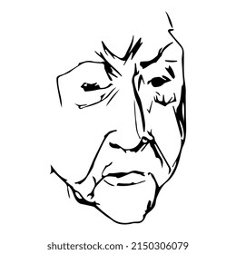 Face of an old person. Human portrait of a wrinkled aged woman or man. Hand drawn linear doodle rough sketch. Black silhouette on white background.