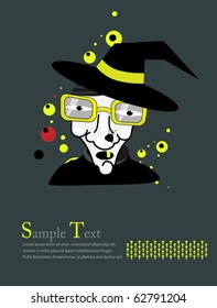 Face of an old witch with glasses and hat. Illustration