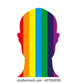 Face on profile shape of a human head filled with the psychedelic colours of the rainbow on a white background