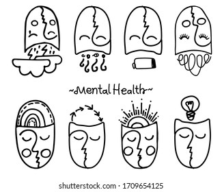 Face on white background showing different psychological states. Freehand drawn on a white background. Vector illustration for World Mental Health Day, for poster, card, banner.