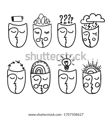 Face on white background showing different psychological states. Freehand drawn on a white background. Vector illustration for World Mental Health Day, for poster, card, banner.
