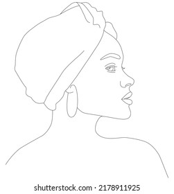 The face is one line. Abstract portrait of an African-American woman. Modern young feminine woman with dark skin. A vector drawn by hand with a single line.