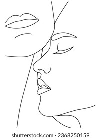 La cara es una línea. Pareja besándose, besándose, labios. Resumen, arte moderno. Concepto de moda, dibujo de una línea para uso en diseño.