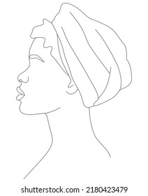 The face is one line. Portrait of a beautiful African woman. Women's African traditional scarf-headdress. Vector icon, logo, template, brochures.