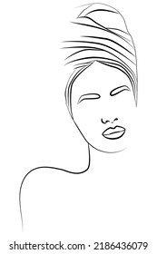 La cara es una línea. Retrato de una hermosa mujer africana. La cabeza-bufanda tradicional africana de las mujeres. Icono vector, logotipo, plantilla, folletos.