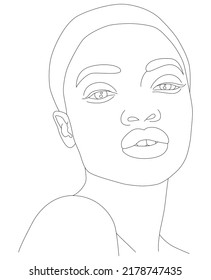 Das Gesicht ist eine Zeile. Die Silhouette des Gesichts einer jungen Afrikanerin. Porträt eines Mädchens. Vektorflache Illustration.