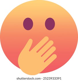 Rosto com olhos abertos e ícone emoji de mão sobre a boca. Cores modernas, elemento popular para mídias sociais e designs digitais. Emoticon, elemento isolado.