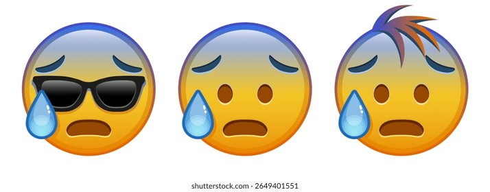 Face with open mouth in cold sweat Set of three yellow emoji
