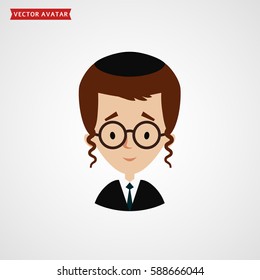 Face Of Orthodox Jew. Boy Avatar Isolated On White Background. Vector Flat Icon.