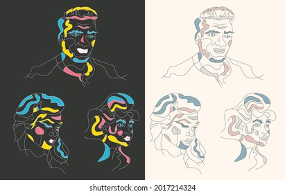 Face outline abstract art of men women portrait with creative modern colors