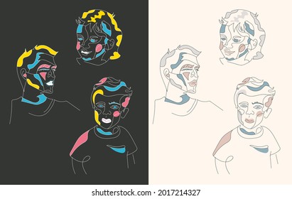 Face outline abstract art of men boy girl children portrait with creative modern colors