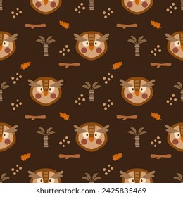 Face owl cartoon so cute. On leaf tree wood brown background. Pattern seamless vector illustration. 
