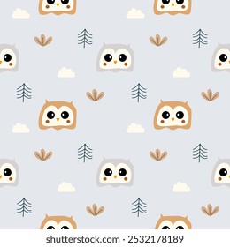 Face owl cartoon so cute. On tree grass cloud background. Pattern seamless vector illustration. 
