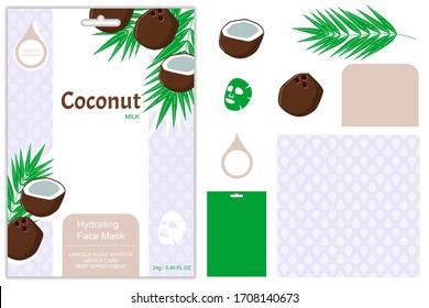 Face pack designer. Set elements for constructor of packaging. Vector illustration includes seamless pattern, fruits, leaves, packaging bag and example on isolated background