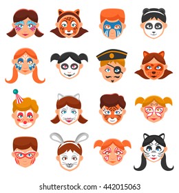 Face Paint For Children Decorative Icons Set Isolated Vector Illustration