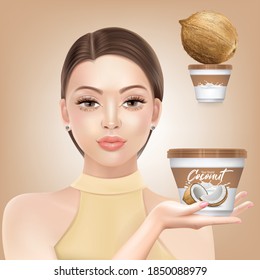 Face painting of a beautiful woman with a packaging made of coconut.