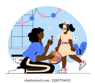 Face painting concept. Woman draws portrait on girls face. Costume party and masquerade at Halloween. Holiday and festival. adult playing with child. Cartoon flat vector illustration