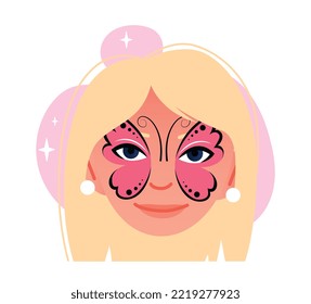 Face painting girl. Charming kid with butterfly pattern on her face. Aesthetics and elegance, beauty. Sticker for social networks and messengers. Entertainment. Cartoon flat vector illustration