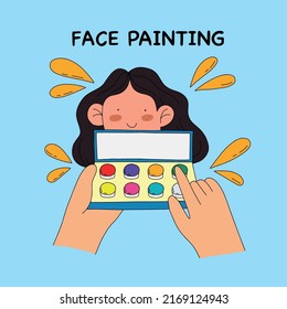 Face painting hand drawn flat vector illustration with cartoon character in minimal style isolated on blue background.