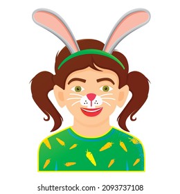 Face Painting Icon with Girl with Rabbit Painting. Isolated on White Background. Vector Illustration. Funny Kid Face.