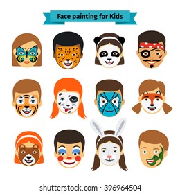 Face Painting Icons. Kids Faces With Animals And Heroes Painting. Vector Illustration