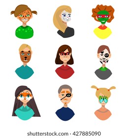 Face painting icons. Kids faces with animals and heroes painting. Vector illustration