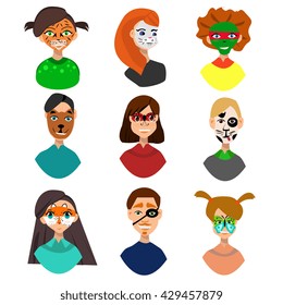 Face painting icons. Kids faces with animals and heroes painting. Vector illustration