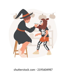Face painting isolated cartoon vector illustration. Family in carnival costumes preparing for Halloween celebration and doing holidays makeup, mother painting daughters face vector cartoon.