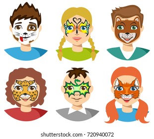 Face painting, kids faces with painting isolated on white background