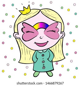 Face painting for the little Princess. Little cute cartoon girl laughs and rejoices painted face.There's a butterfly on her face. Vector graphics.