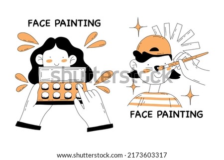 Face painting outline hand drawn illustrations with cute cartoon boy and girl characters with tiger face and preparing for painting face isolated on white in doodle style.