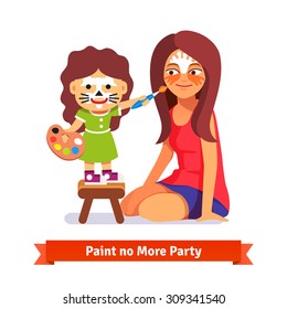 Face painting party. Girl painting her teachers face. Flat style cartoon vector illustration isolated on white background.