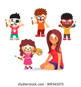 Face painting party  Kids and brushes playing and teacher   drawing characters  Paint no more  Flat style cartoon vector illustration isolated white background 