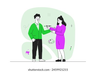 Face painting simple. Woman with boy and paintings. Creativity and art. Entertainment, fun and leisure. Make up festival and celebration. Doodle flat vector illustration isolated on white background