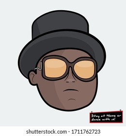 Face of pallbearer black man with sunglasses. Coffin dancers at funeral. Flat Illustration - Meme "Stay at home or dance with us"