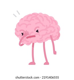 Face palm human brain cute character in worry. Showing shame, denial, and bitterness, mental frustration, rage, dismay, exasperation, embarrassment gesture. Vector flat style illustration