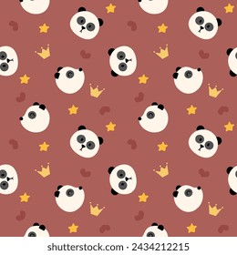 Face panda cartoon so cute. On crown star heart red background. Pattern seamless vector illustration. 
