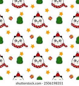 Face panda cartoon so cute. On tree stat gift white background. Merry Christmas. Pattern seamless vector illustration. 
