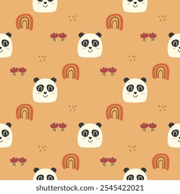 Face panda cartoon so cute. On rainbow flower yellow background. Pattern seamless vector illustration. 
