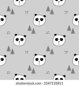 Face panda cartoon so cute. On tree gray background. Pattern seamless vector illustration. 
