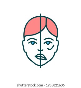 Face paralysis RGB color icon. Brain tumor sign. Muscles moving disability. Heart stroke aftermath. Brain damage and disease. Bell palsy. Uncontrolled face expression. Isolated vector illustration