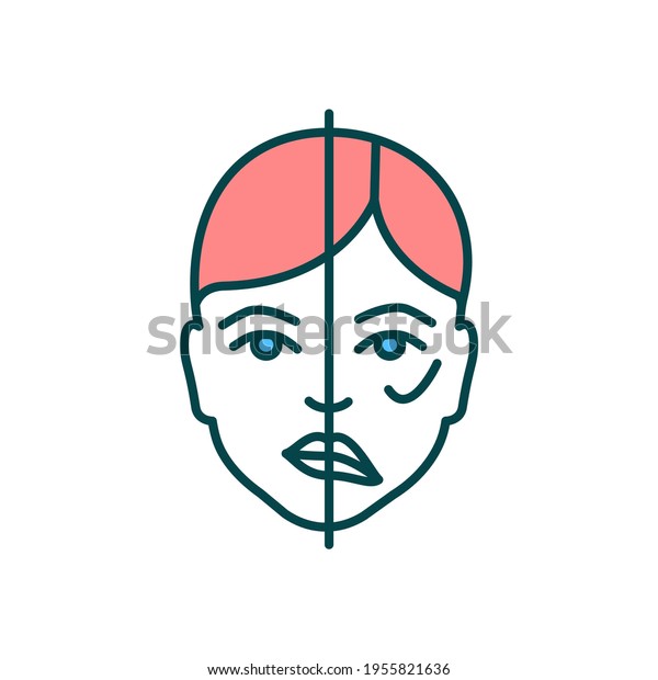 Face paralysis RGB color icon. Brain tumor\
sign. Muscles moving disability. Heart stroke aftermath. Brain\
damage and disease. Bell palsy. Uncontrolled face expression.\
Isolated vector\
illustration