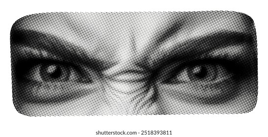 face part with eyes angry look isolated on white background retro grunge halftone dotted effect old newspaper print cut-out collage element for mixed media design crazy closeup emotion sticker