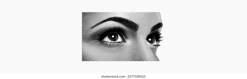 face part with makeup eyes looking to the side isolated on white background retro pop art halftone grunge dotted effect old newspaper print vintage cut-out collage element for mixed media design