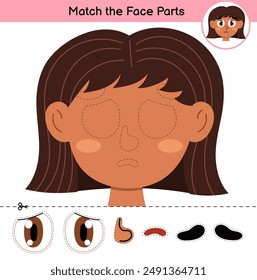 Face Parts cut and glue game with a cute girl. Educational activity page for kids. Matching game for school and preschool. Vector illustration