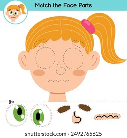 Face Parts cut and glue game with a cute girl. Educational activity page for kids. Matching game for school and preschool. Vector illustration