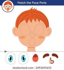 Face Parts cut and glue game with a cute boy. Educational activity page for kids. Matching game for school and preschool. Vector illustration