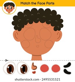 Face Parts cut and glue game with a cute boy. Educational activity page for kids. Matching game for school and preschool. Vector illustration