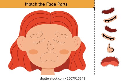 Face Parts cut and glue game with a cute girl. Educational activity page for kids. Matching game for school and preschool. Vector illustration