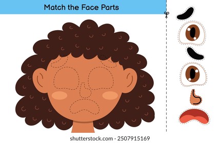 Partes de la cara cortar y pegar el juego con una chica linda. Página de actividad educativa para niños. Juego a juego para la escuela y preescolar. Ilustración vectorial